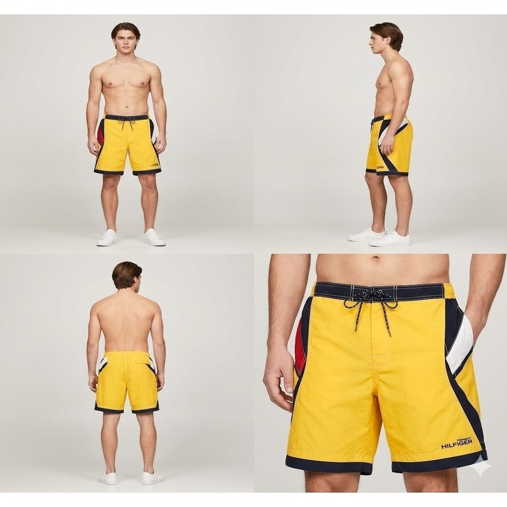 Tommy Hilfiger Swim Trunks Shorts Mens L Yellow Red Colorblock Nylon Flag Summer
